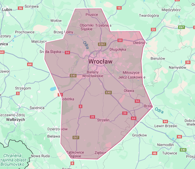 Mapa zasięgu usług WUKO-KAN Wrocław